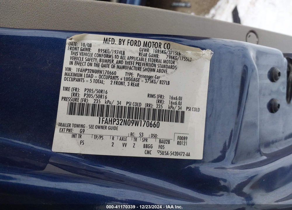 2009 FORD FOCUS SE VIN: 1FAHP32N09W170660