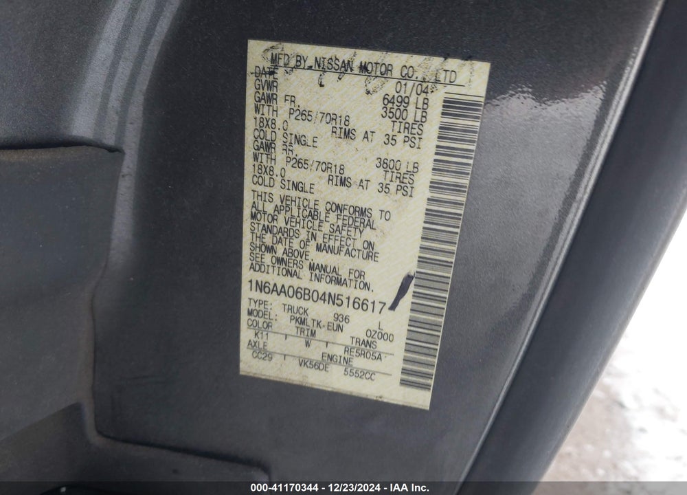 2004 NISSAN TITAN SE VIN: 1N6AA06B04N516617