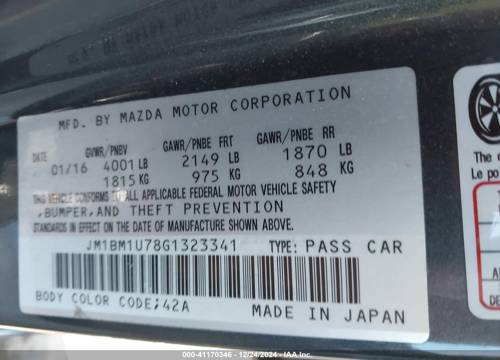 2016 MAZDA MAZDA3 VIN: JM1BM1U78G1323341