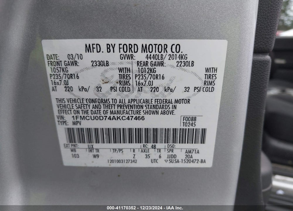 2010 FORD ESCAPE VIN: 1FMCU0D74AKC47466