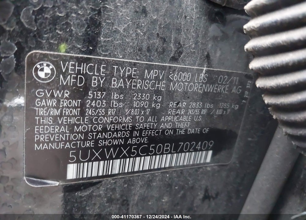 2011 BMW X3 VIN: 5UXWX5C50BL702409