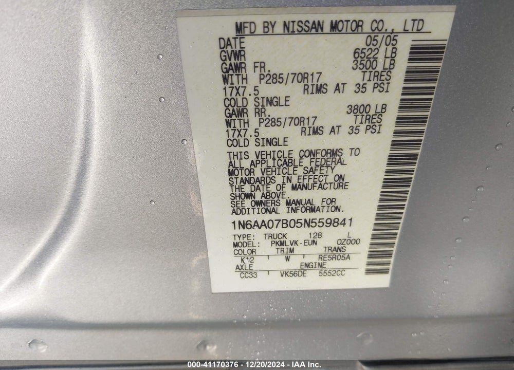2005 NISSAN TITAN LE VIN: 1N6AA07B05N559841
