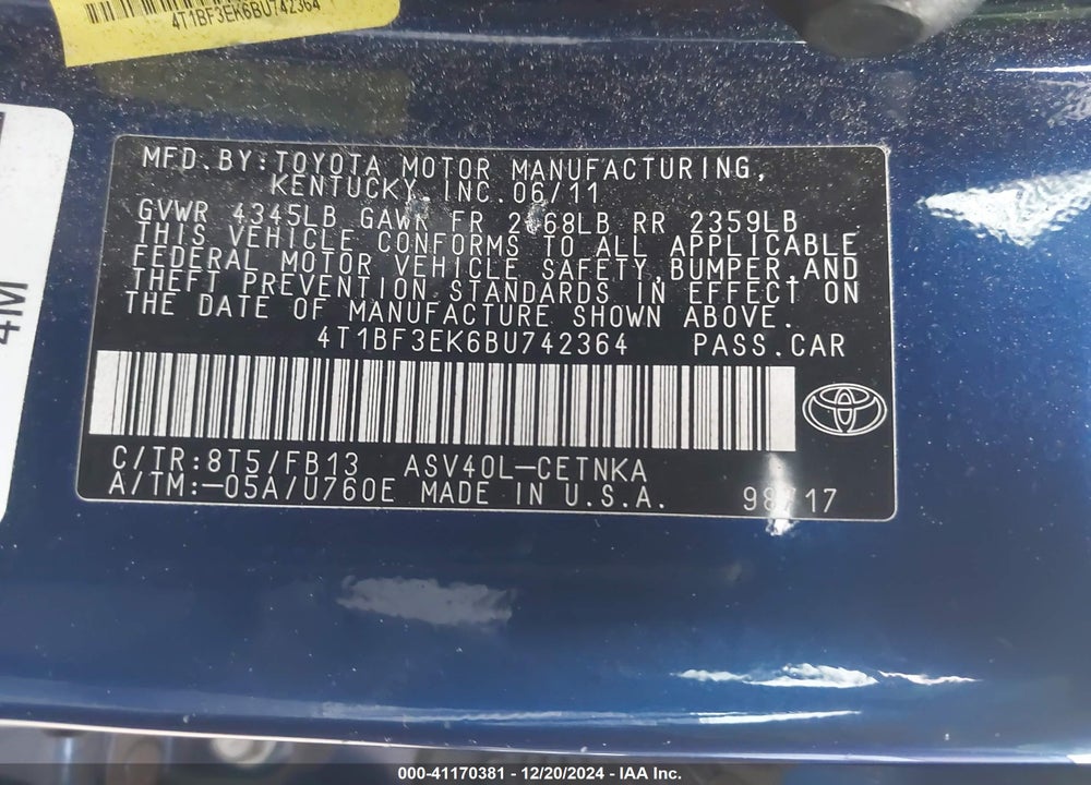 2011 TOYOTA CAMRY LE VIN: 4T1BF3EK6BU742364