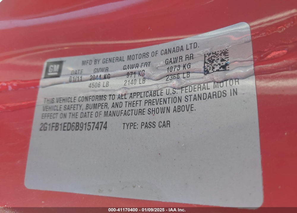 2011 CHEVROLET CAMARO 1LT VIN: 2G1FB1ED6B9157474