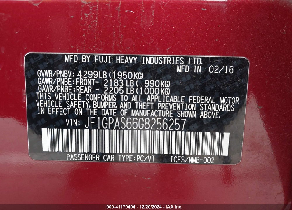 2016 SUBARU IMPREZA VIN: JF1GPAS66G8256257