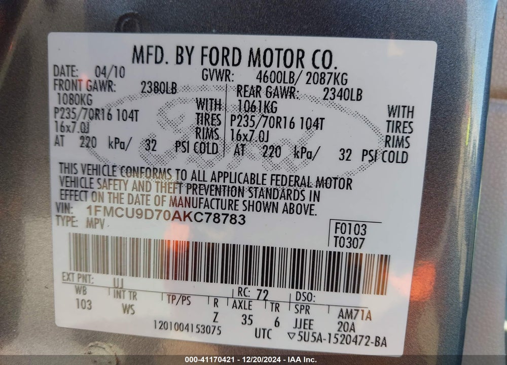 2010 FORD ESCAPE XLT VIN: 1FMCU9D70AKC78783
