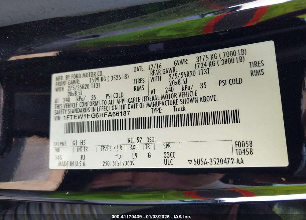 2017 FORD F150 VIN: 1FTEW1EG6HFA66187