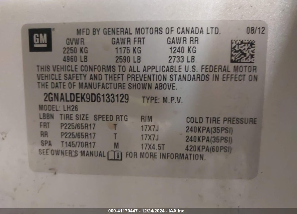 2013 CHEVROLET EQUINOX 1LT VIN: 2GNALDEK9D6133129