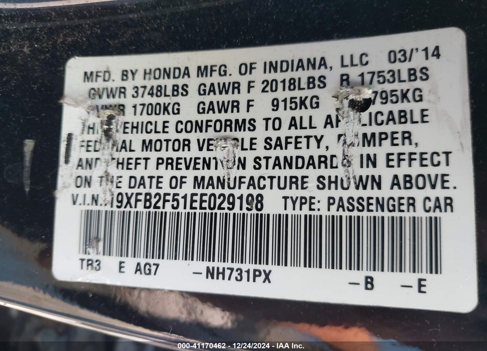 2014 HONDA CIVIC LX VIN: 19XFB2F51EE029198