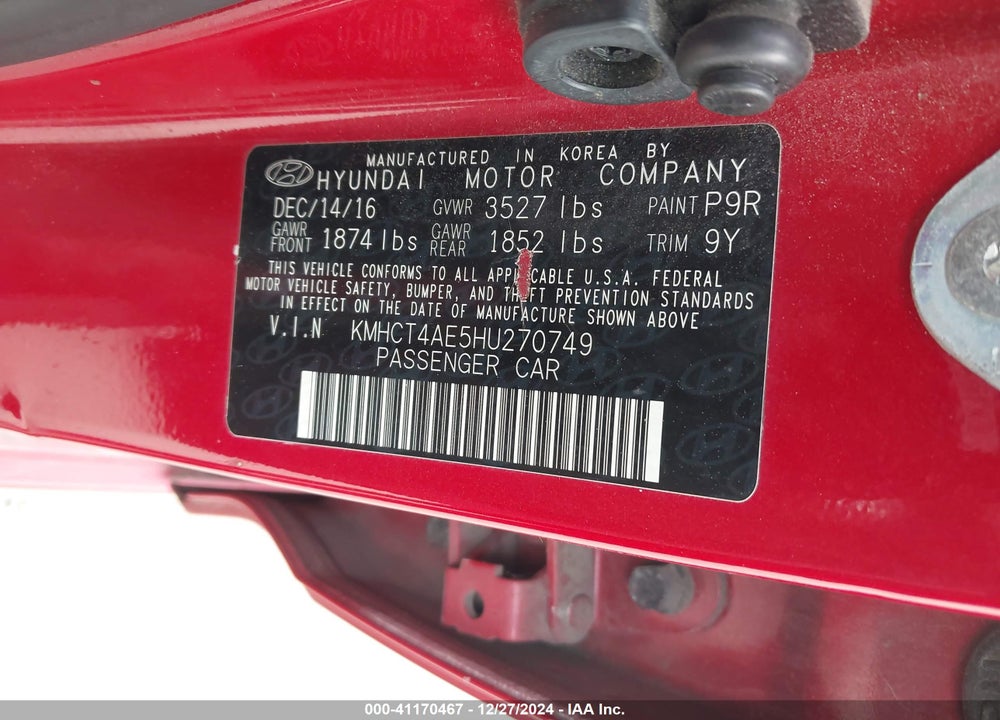 2017 HYUNDAI ACCENT VIN: KMHCT4AE5HU270749