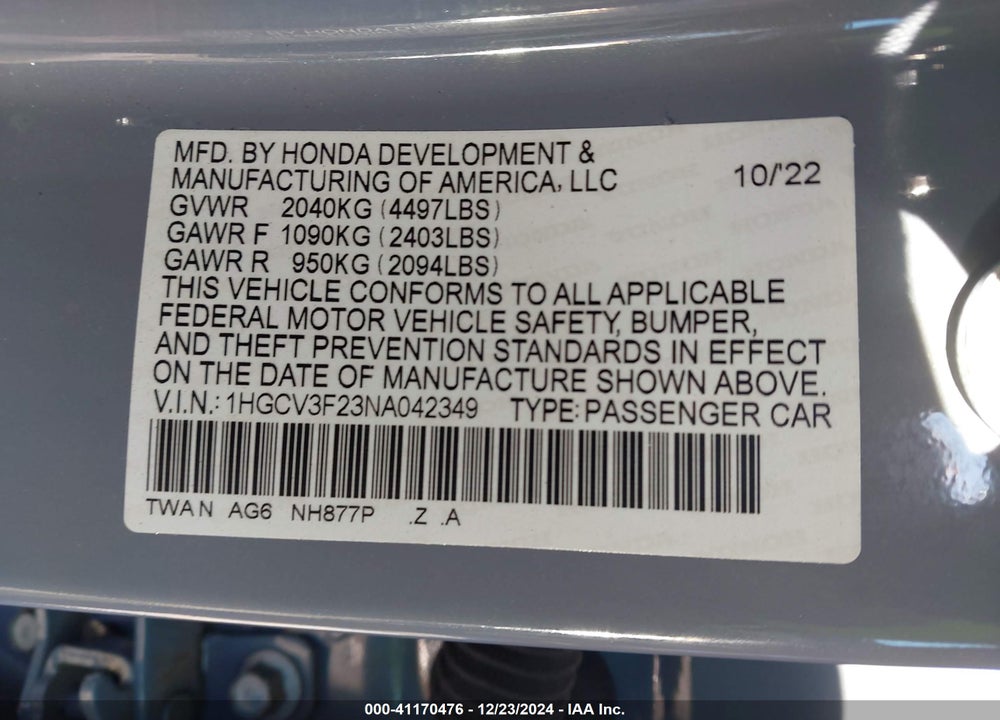 2022 HONDA ACCORD VIN: 1HGCV3F23NA042349