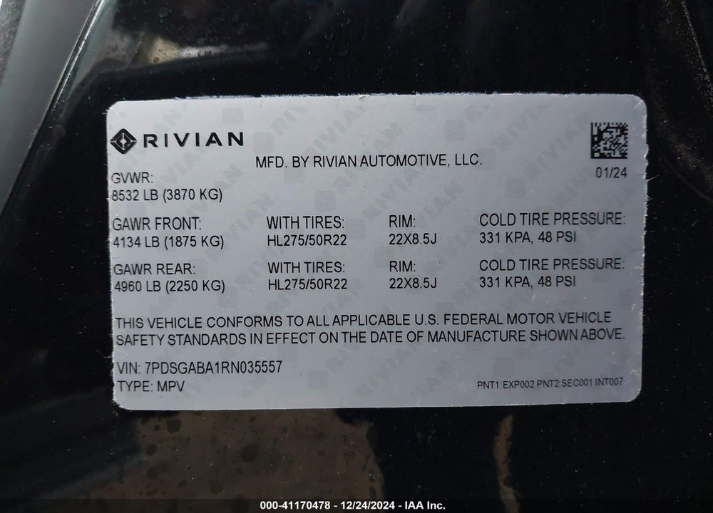 2024 RIVIAN R1S ADVENTURE QUAD MOTOR LARGE PACK VIN: 7PDSGABA1RN035557