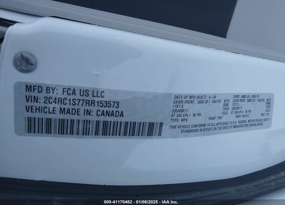 2024 CHRYSLER PACIFICA HYBRID SELECT VIN: 2C4RC1S77RR153573
