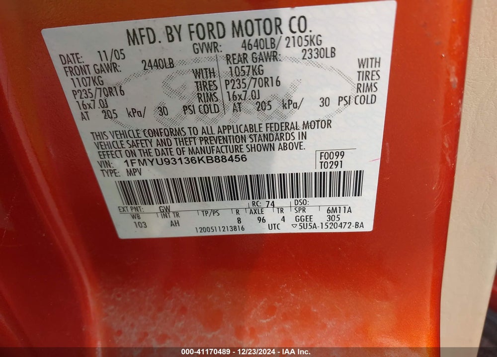 2006 FORD ESCAPE XLT/XLT SPORT VIN: 1FMYU93136KB88456