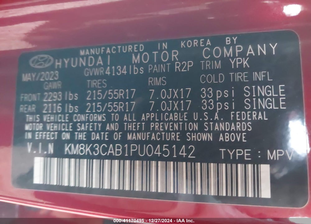2023 HYUNDAI KONA SEL VIN: KM8K3CAB1PU045142