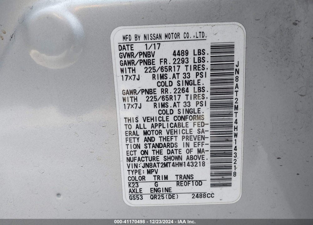 2017 NISSAN ROGUE SV VIN: JN8AT2MT4HW143218