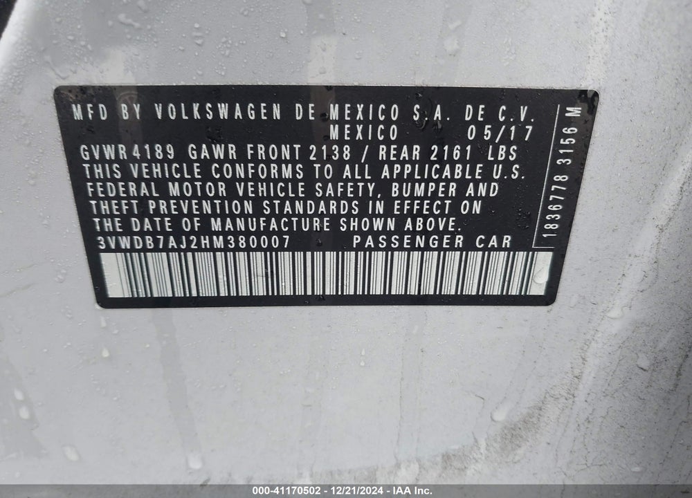 2017 VOLKSWAGEN JETTA VIN: 3VWDB7AJ2HM380007