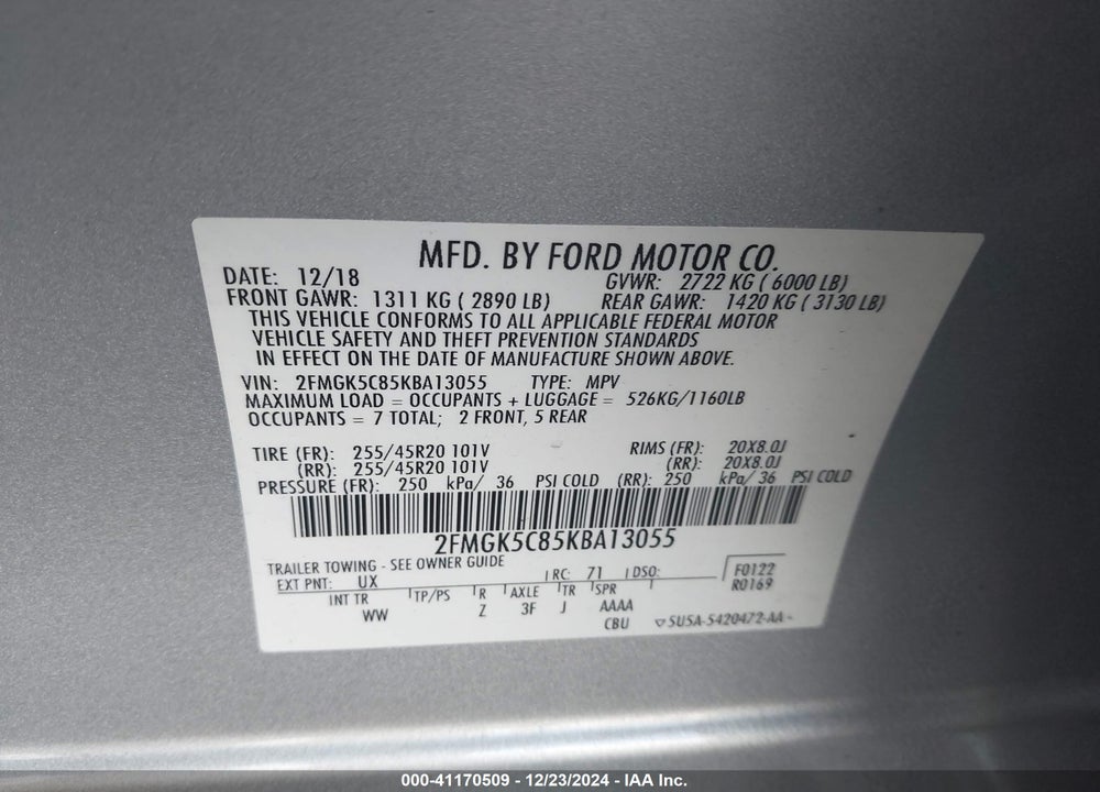 2019 FORD FLEX SEL VIN: 2FMGK5C85KBA13055