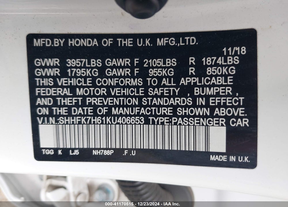 2019 HONDA CIVIC VIN: SHHFK7H61KU406653
