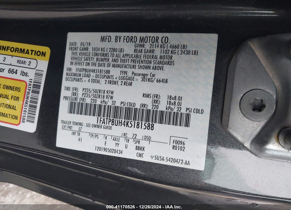 2019 FORD MUSTANG ECOBOOST PREMIUM VIN: 1FATP8UH4K5181588