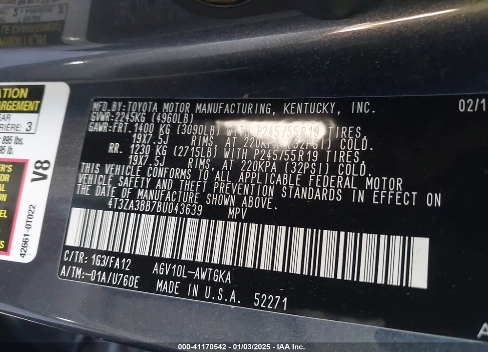 2011 TOYOTA VENZA VIN: 4T3ZA3BB7BU043639