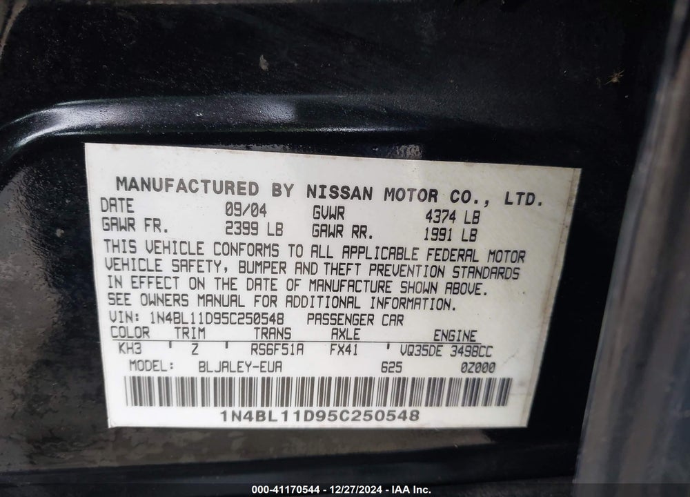 2005 NISSAN ALTIMA 3.5 SE-R VIN: 1N4BL11D95C250548