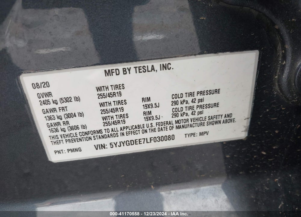 2020 TESLA MODEL Y VIN: 5YJYGDEE7LF030080