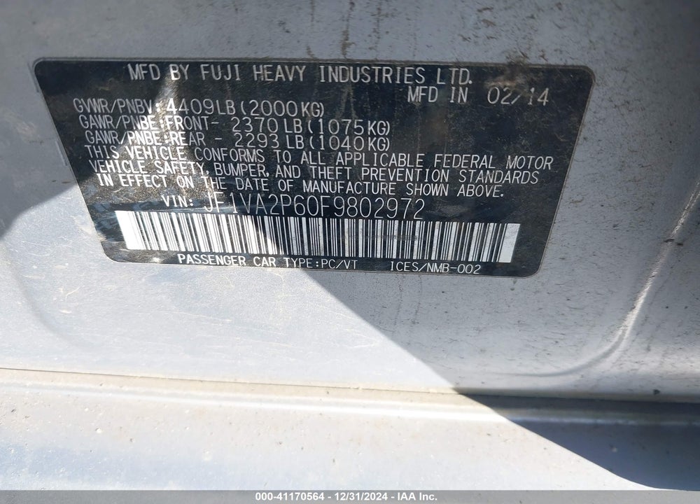 2015 SUBARU WRX STI VIN: JF1VA2P60F9802972