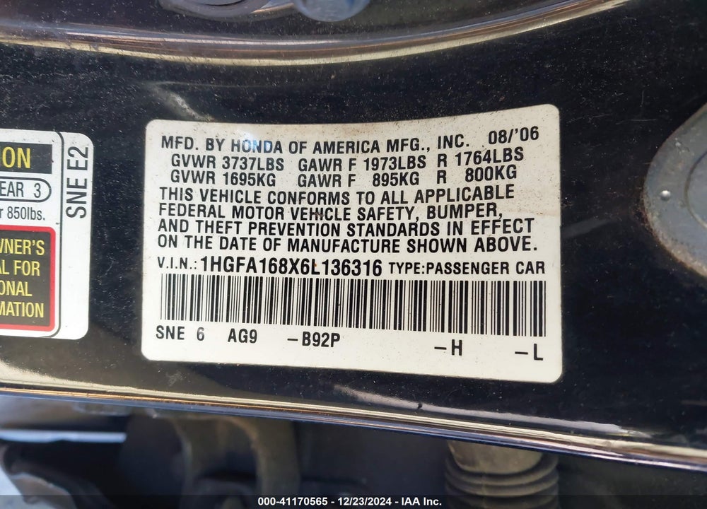 2006 HONDA CIVIC EX VIN: 1HGFA168X6L136316