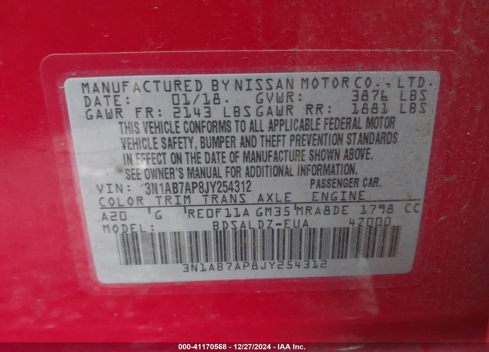 2018 NISSAN SENTRA VIN: 3N1AB7AP8JY254312