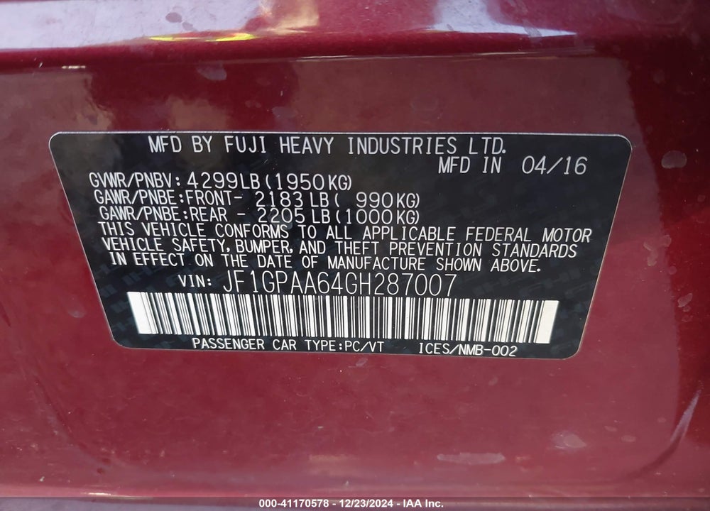 2016 SUBARU IMPREZA 2.0I VIN: JF1GPAA64GH287007