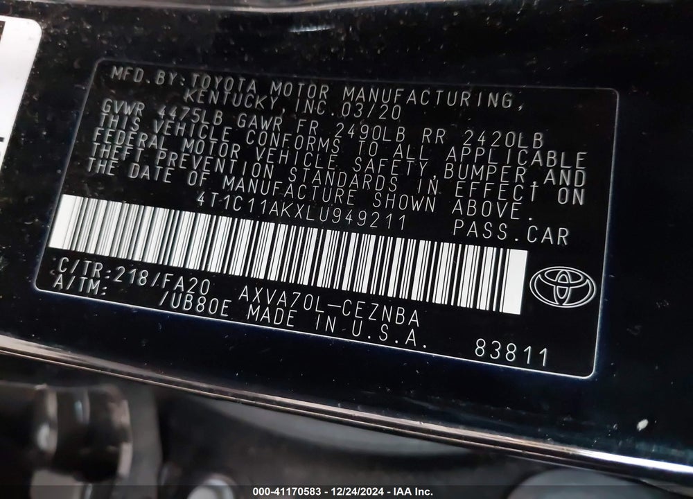 2020 TOYOTA CAMRY LE VIN: 4T1C11AKXLU949211