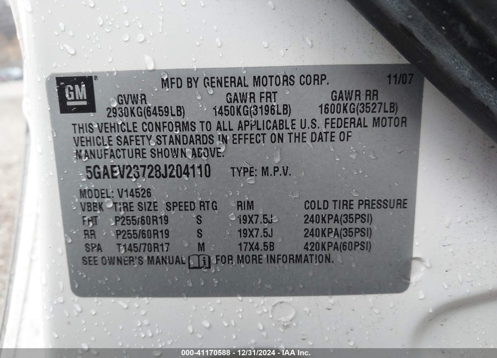 2008 BUICK ENCLAVE VIN: 5GAEV23728J204110