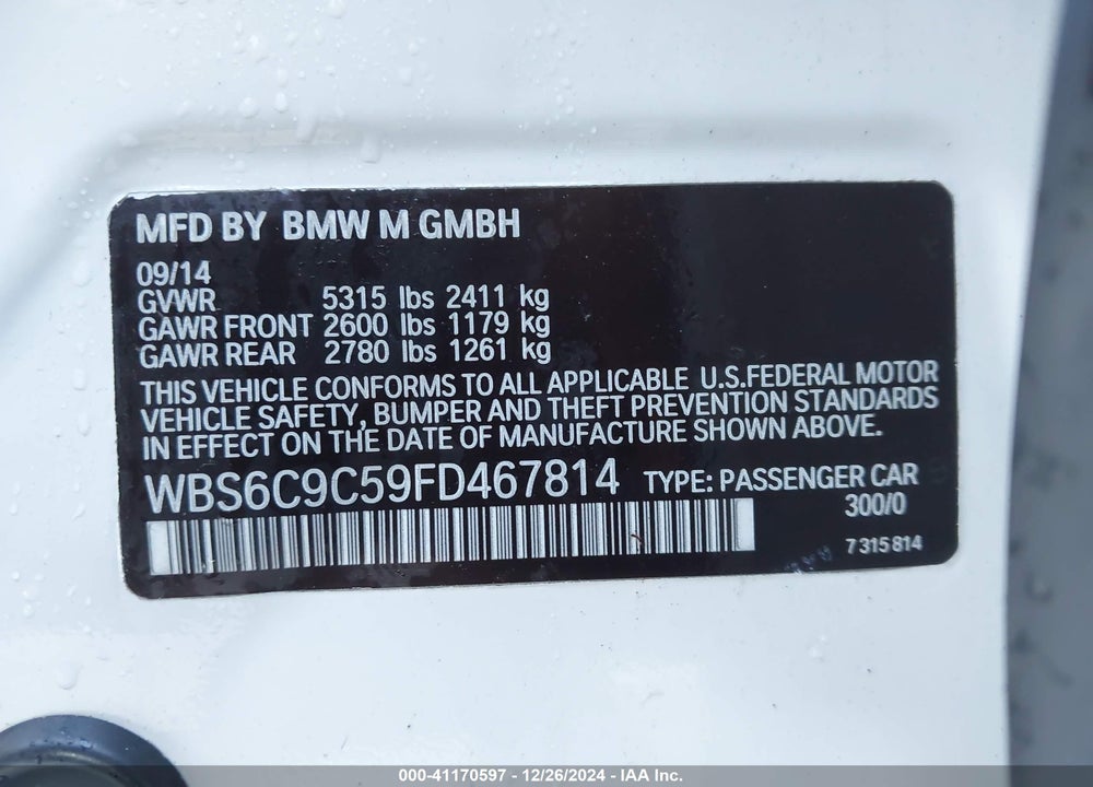 2015 BMW M6 GRAN COUPE VIN: WBS6C9C59FD467814