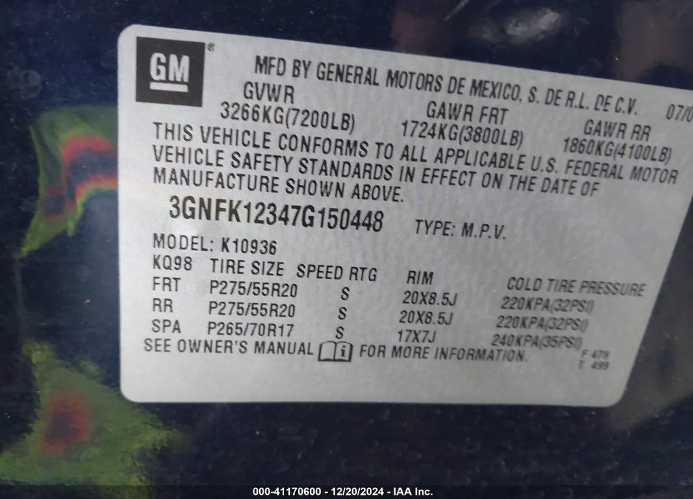 2007 CHEVROLET AVALANCHE 1500 LT VIN: 3GNFK12347G150448