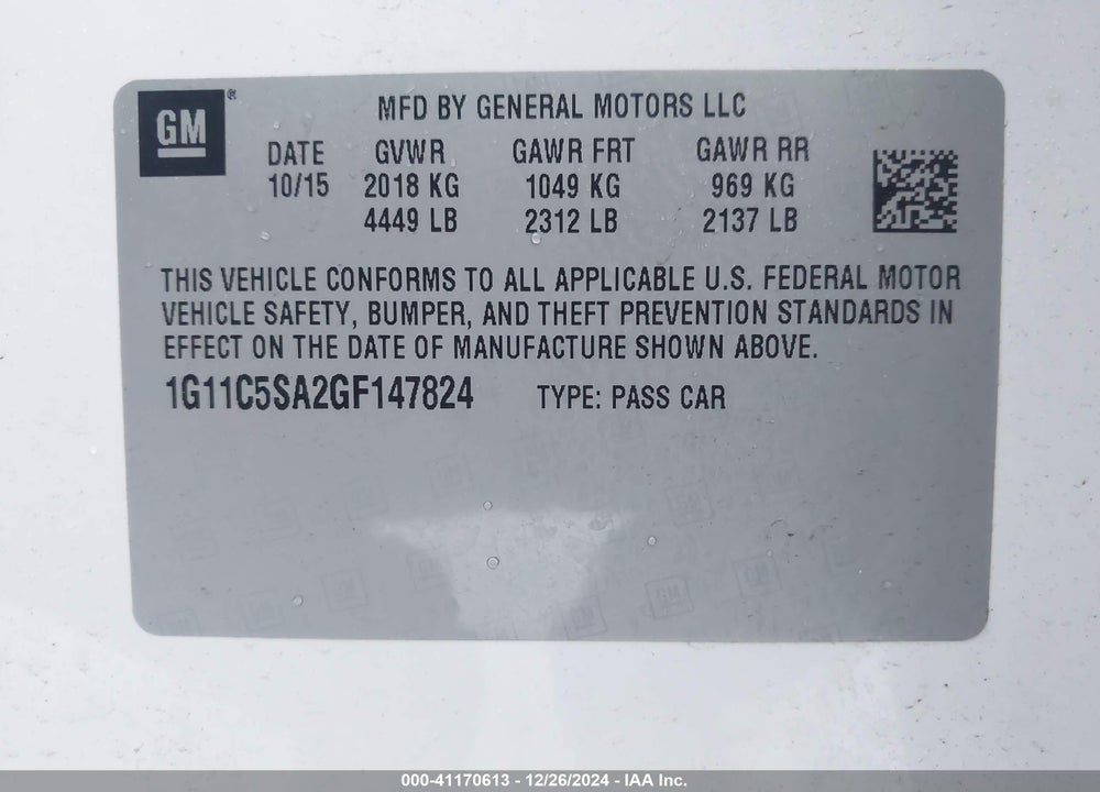 2016 CHEVROLET MALIBU LIMITED LT VIN: 1G11C5SA2GF147824