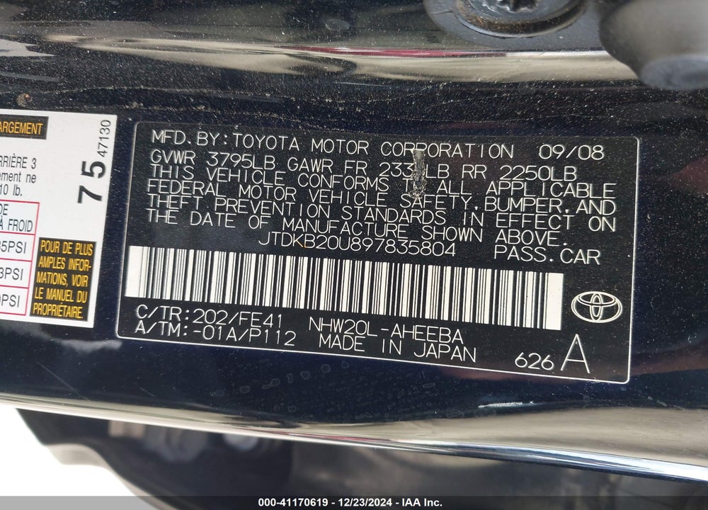 2009 TOYOTA PRIUS VIN: JTDKB20U897835804