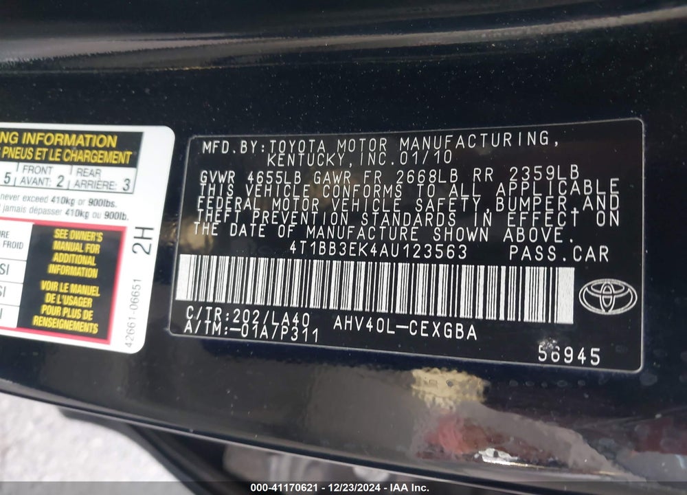 2010 TOYOTA CAMRY VIN: 4T1BB3EK4AU123563