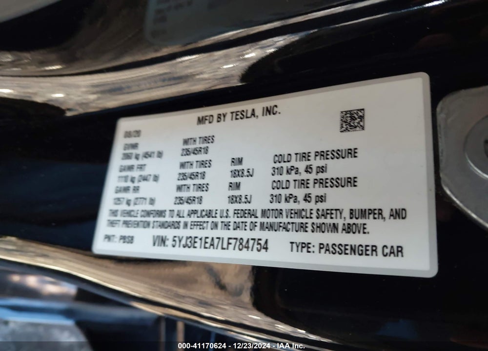 2020 TESLA MODEL 3 VIN: 5YJ3E1EA7LF784754