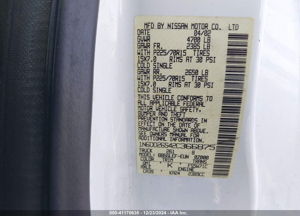 2002 NISSAN FRONTIER XE VIN: 1N6DD26S42C366875