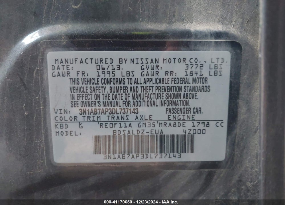 2013 NISSAN SENTRA VIN: 3N1AB7AP3DL737143