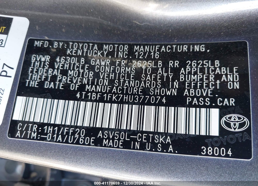 2017 TOYOTA CAMRY VIN: 4T1BF1FK7HU377074