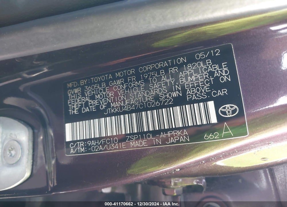 2012 TOYOTA SCION XD VIN: JTKKU4B47C1026722