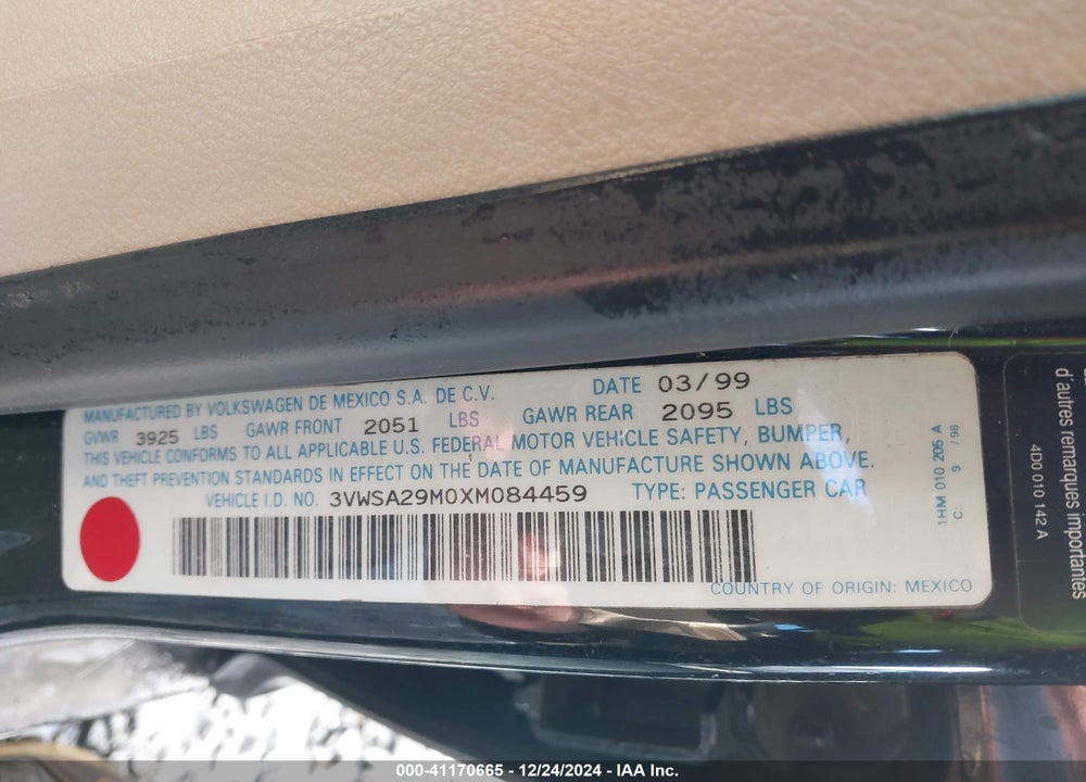 1999 VOLKSWAGEN JETTA GLS VIN: 3VWSA29M0XM084459