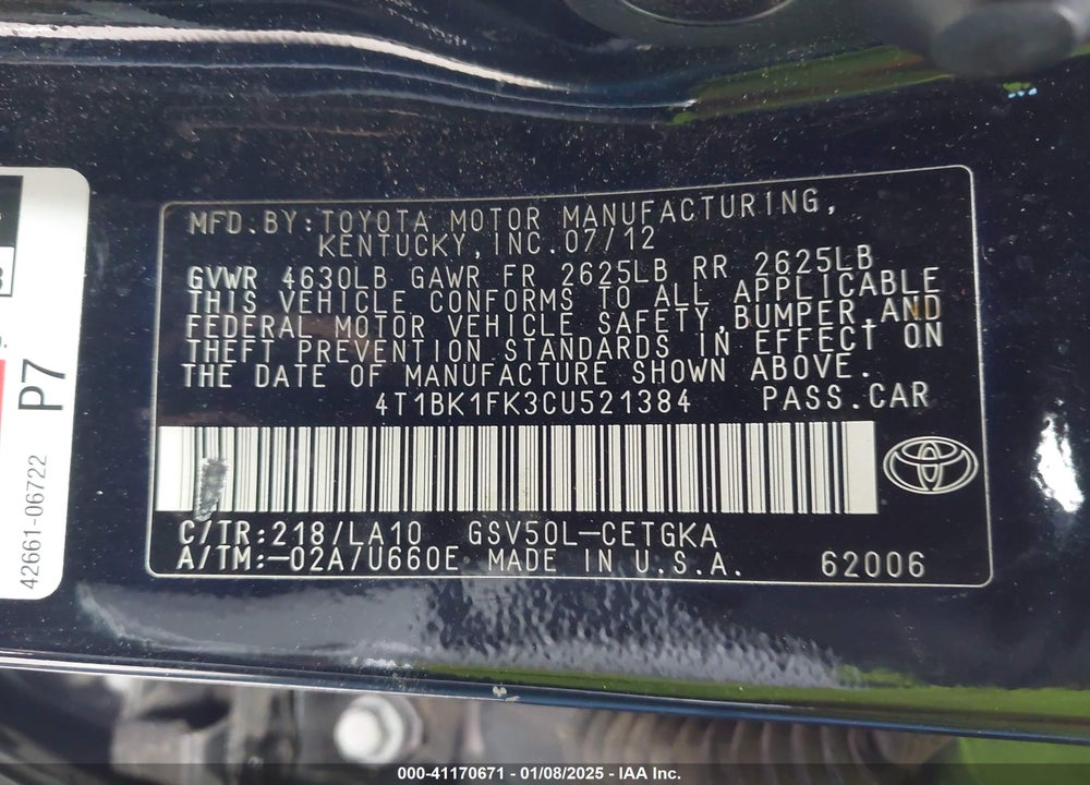 2012 TOYOTA CAMRY VIN: 4T1BK1FK3CU521384