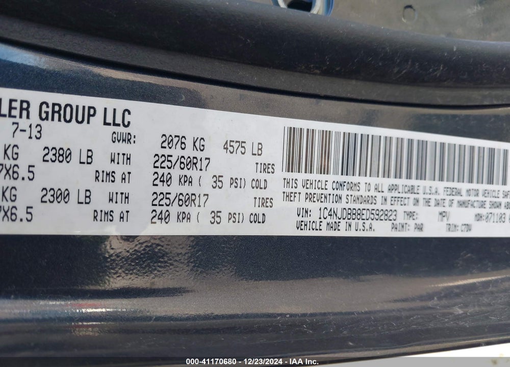 2014 JEEP COMPASS VIN: 1C4NJDBB8ED592823
