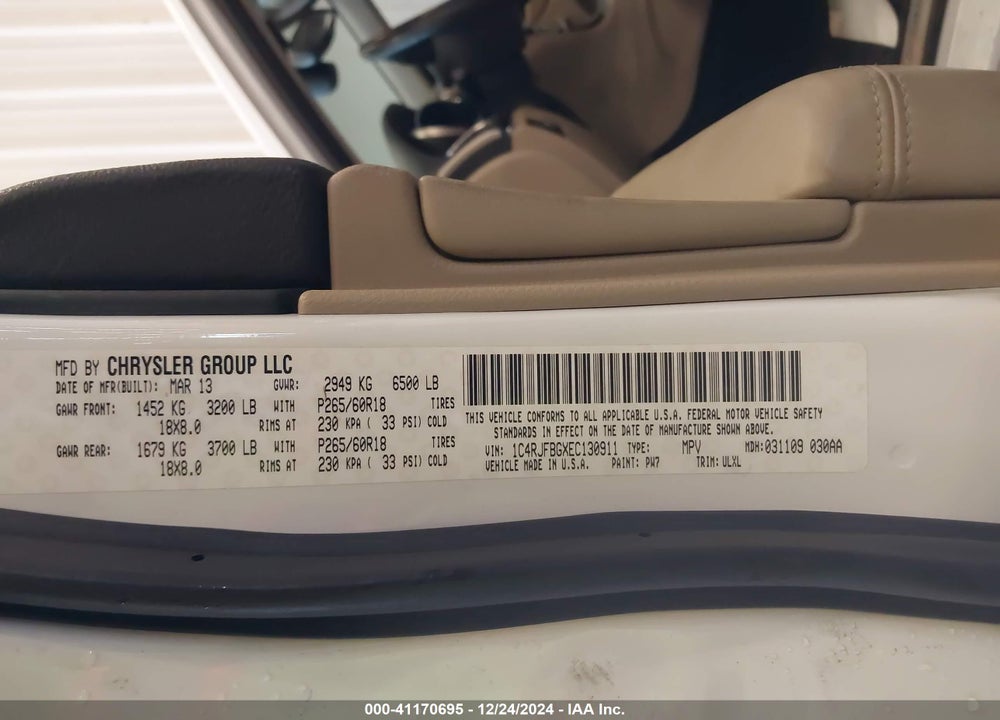 2014 JEEP GRAND CHEROKEE LIMITED VIN: 1C4RJFBGXEC130911