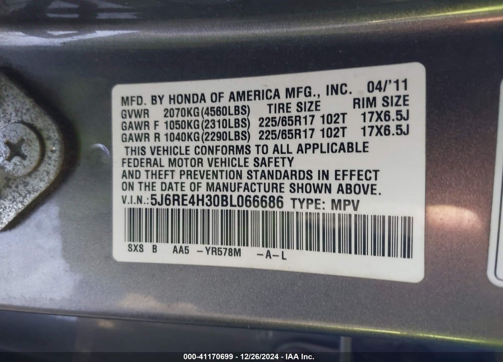 2011 HONDA CR-V LX VIN: 5J6RE4H30BL066686