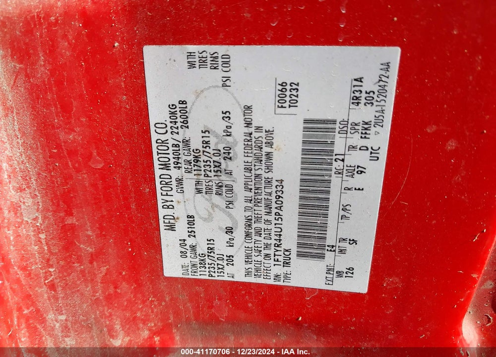 2005 FORD RANGER EDGE/STX/XLT VIN: 1FTYR44U15PA09334