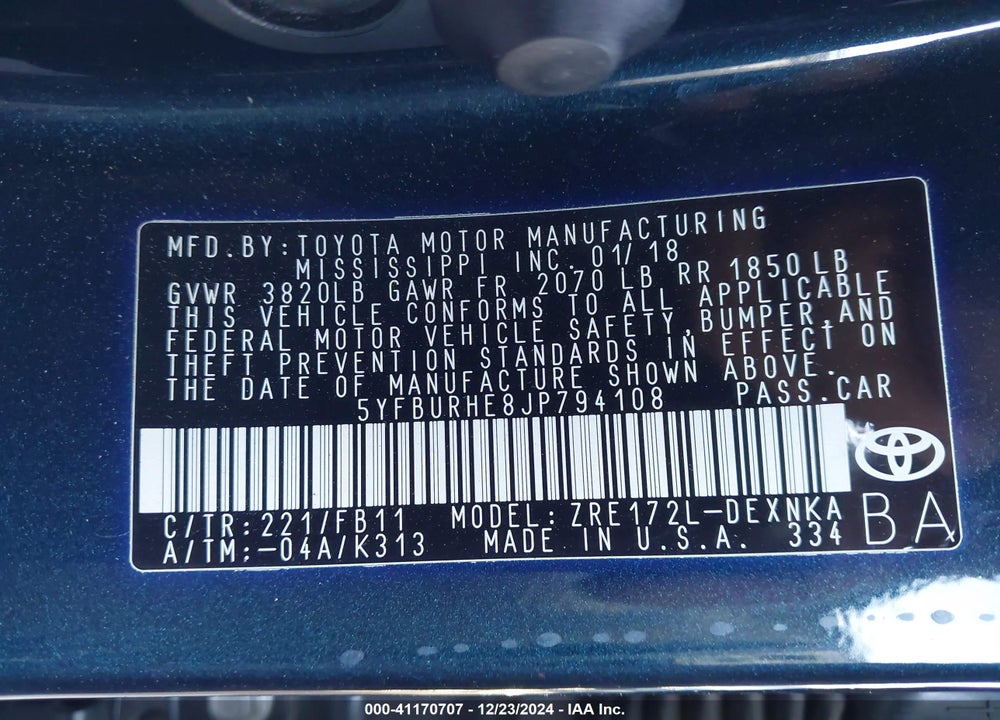 2018 TOYOTA COROLLA LE VIN: 5YFBURHE8JP794108